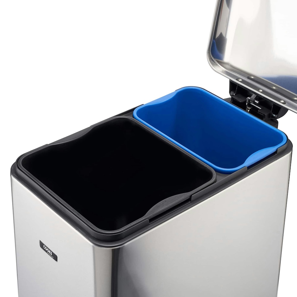 image 1 of Cooks Professional Dual Recycle Slimline Pedal Bin 50L | 20L & 30L Removable Compartments | Silver