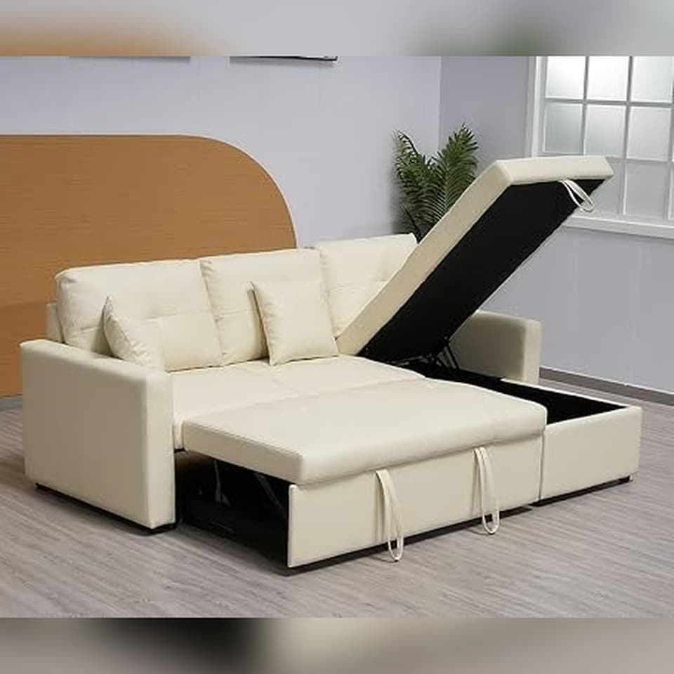 image 1 of Milano 3 Seater L Shape Pullout Sofa Bed with Deep Storage Compartment & Reversible Chaise Cream | Beige