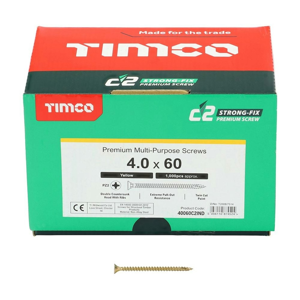 image 1 of Timco - C2 Strong-Fix Multi-Purpose Premium Screws - Industry Pack - PZ - Double Countersunk - Yellow (Size 4.0 x 60 - 1000 Pieces)