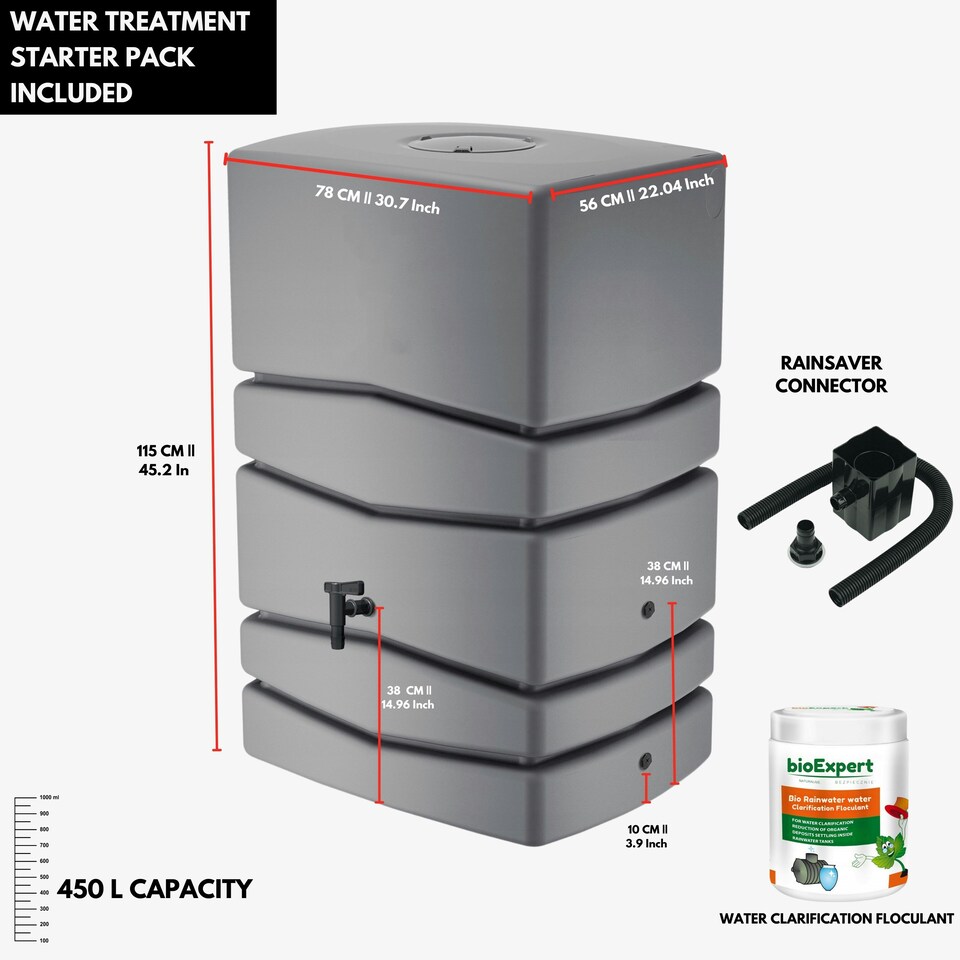 image 1 of Water Butt Kit with Tap, Diverter & Bio Cleaner – Rainwater Collector for Garden, Balcony & Terrace – Durable Plastic Water Storage Tank Grey | 450L