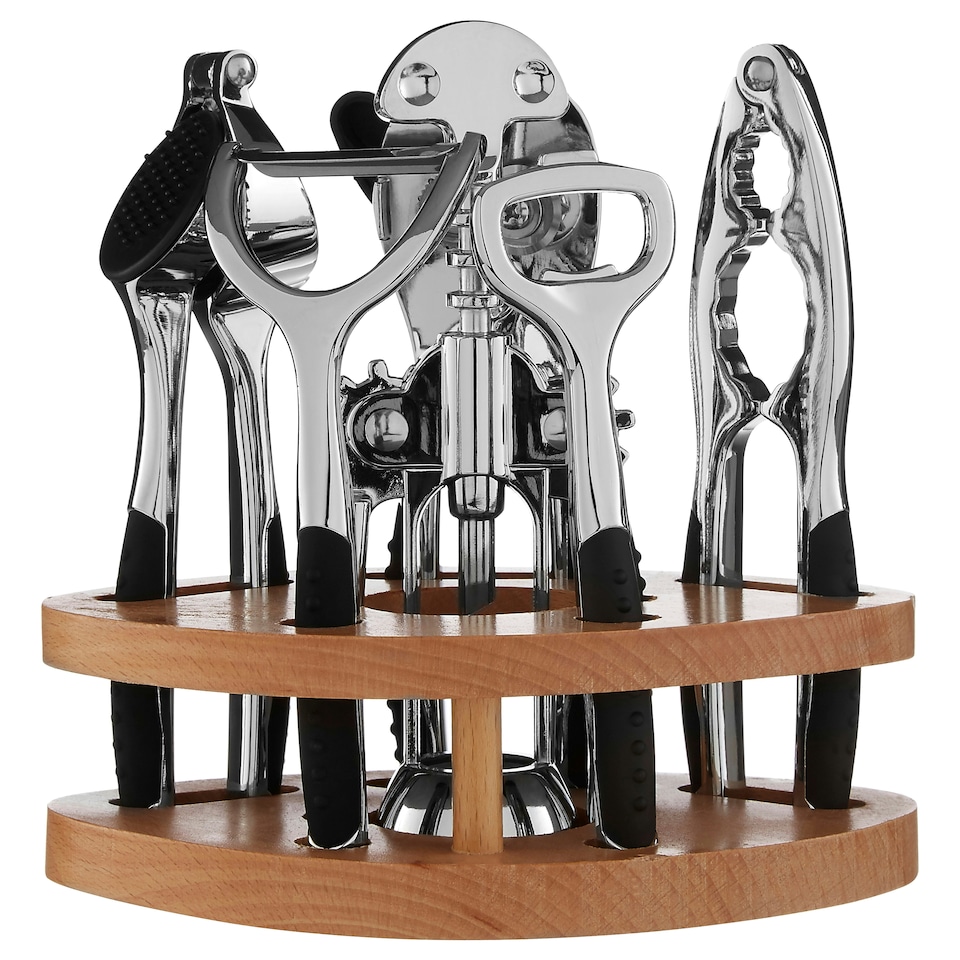 image 1 of Interiors By Premier Chrome Kitchen Tool Set with Natural Wood Stand,7-Piece Essential Gadgets For Food Prep,Unique Utensil Set