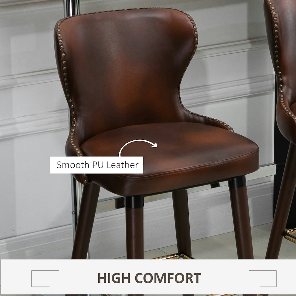 image 1 of HOMCOM Luxury Bar Stools Set of 2 with Back, PU Leather Upholstery, Brown