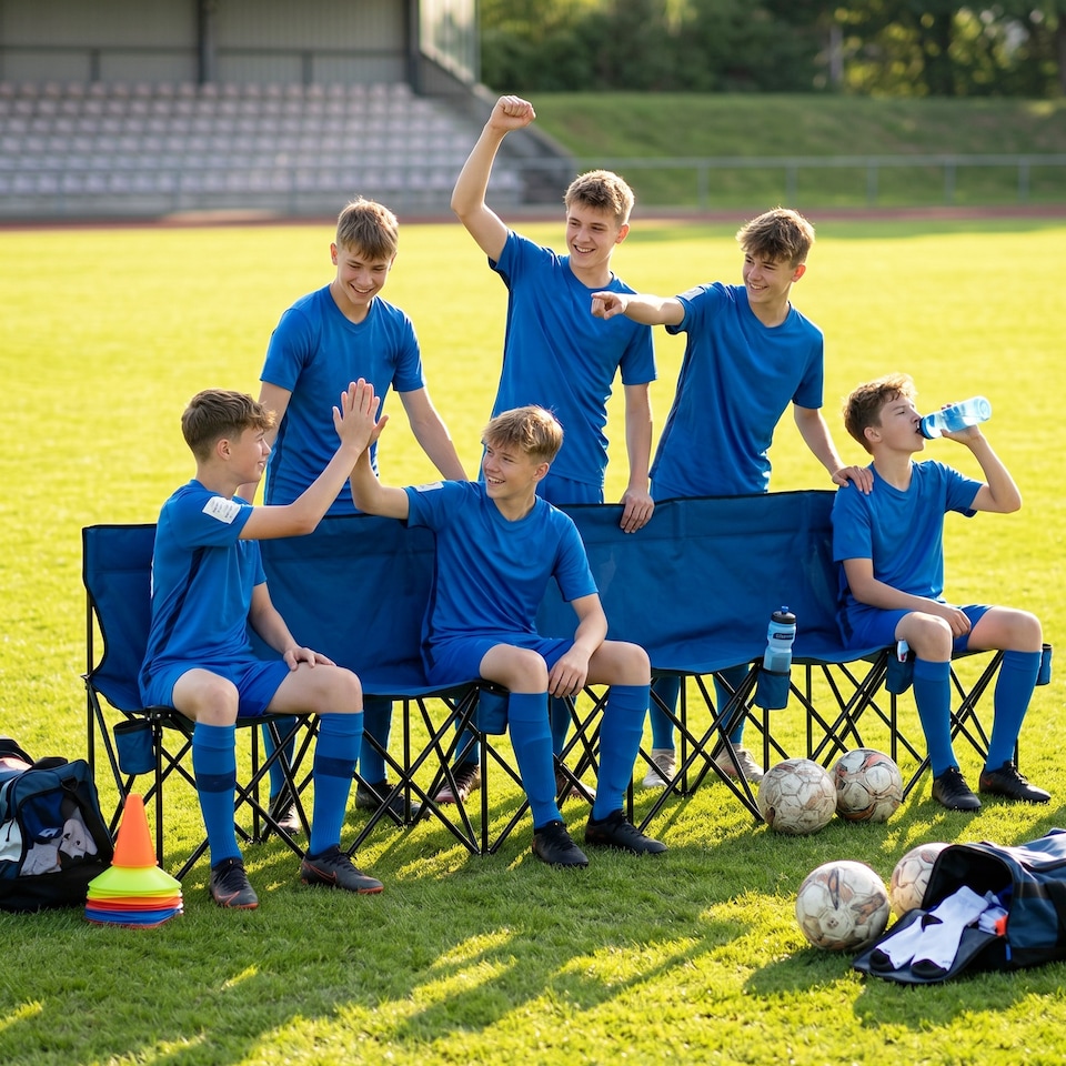 image 1 of Outsunny 6 Seater Folding Bench Camping Chair with Cup Holder, Blue | Blue | Blue
