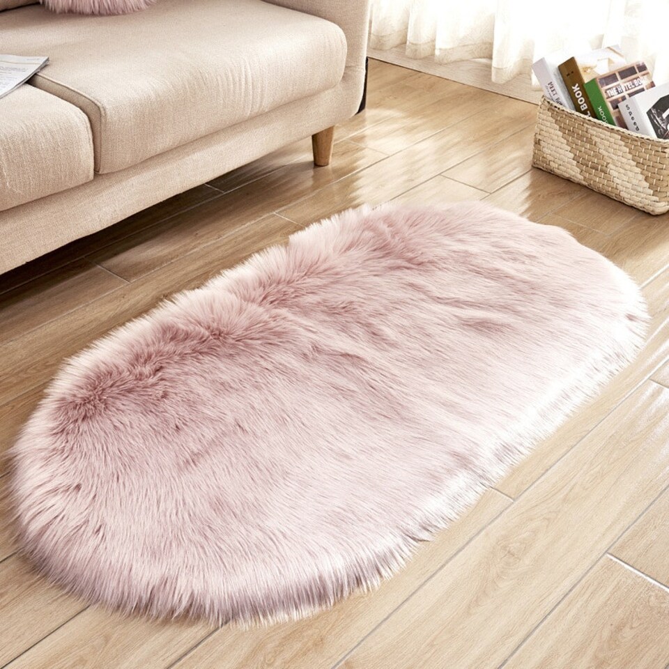 image 1 of Living and Home Oval Soft Shaggy Area Rug, Pink, 90cm L x 60cm W