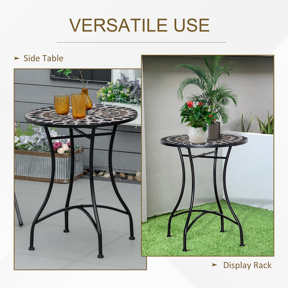 image 1 of Outsunny 60 cm Mosaic Garden Table, Small Round Outdoor Side Table with Ceramic Top, Plant Stand for Patio, Balcony | Black