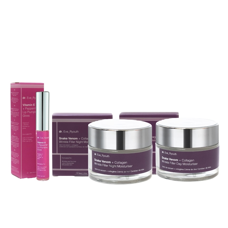 image 1 of Dr. Eve_Ryouth Snake Venom + Collagen Wrinkle Filler Day Moisturiser 50ml + Snake Venom + Collagen Wrinkle Filler Night Moisturiser 50ml + Vitamin E Lip Plumps 8ml