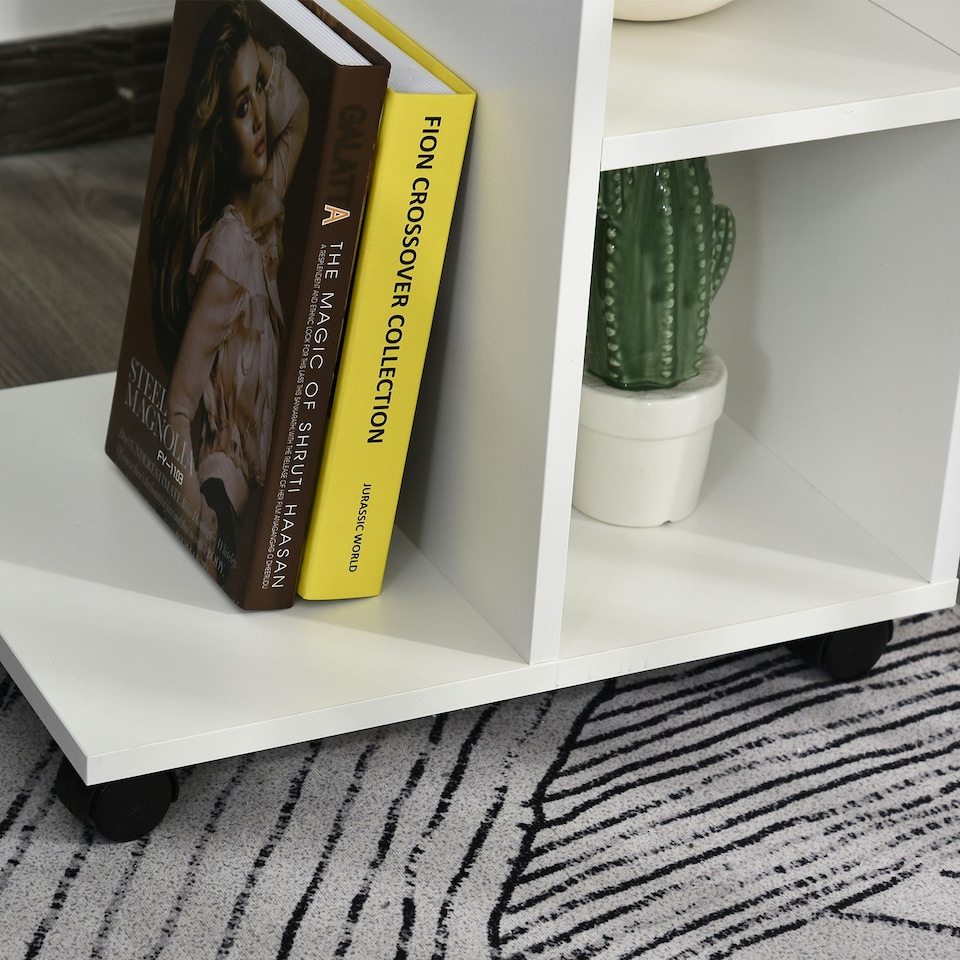 image 1 of C-Shape End Table Unique Storage Unit w/ 2 Shelves 4 Wheels Home Office White