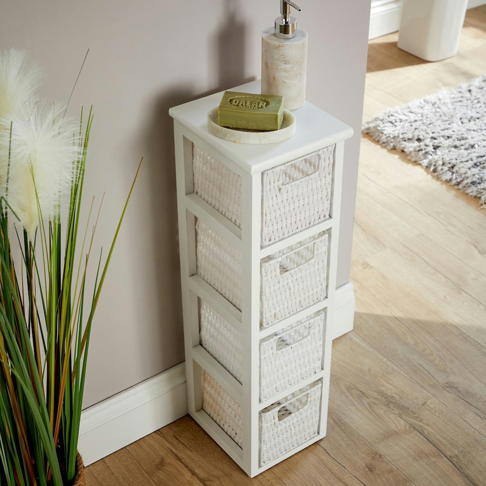image 1 of White Chest 4 Rattan Storage Drawers Bathroom Home Organiser Fully Assembled White