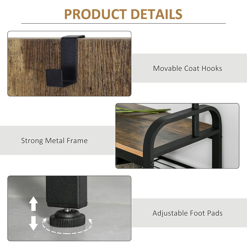 image 1 of HOMCOM Industrial Coat Rack Stand with 8 Hooks Hangers Storage Cabinet Brown