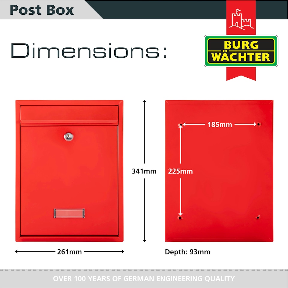 image 1 of Burg-Wachter Trent Wall Mounted Galvanised Steel Lockable Post Box - 26x34x9cm Red