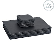 Argon Tableware 12 Piece Square Slate Placemats & Coasters Set | Grey | Grey