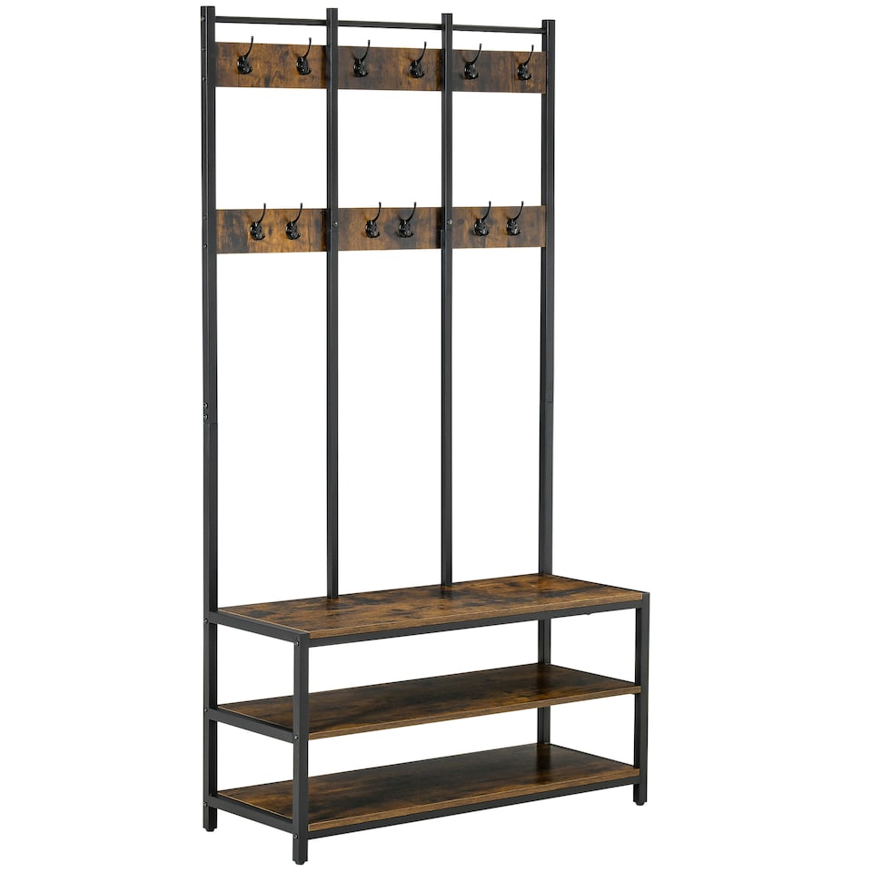 image 1 of HOMCOM Coat Rack Stand, Free Standing Hall Tree, Coat Stand with Hooks, Bench and Shoe Rack, 100cm x 38.5cm x 185.5cm, Industrial Style, Rustic Brown and Black