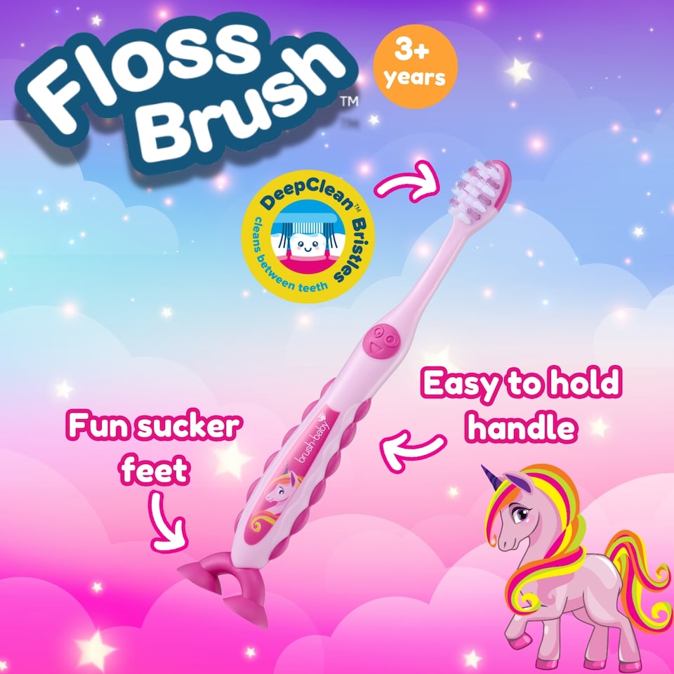image 1 of Brush Baby Unicorn FlossBrush™ Bristles Toothbrushes Double Pack (3-6 Years)