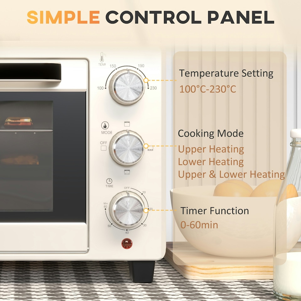 image 1 of HOMCOM Mini Oven 21L Electric Grill w/ Adjustable Temp Timer 1400W, Cream