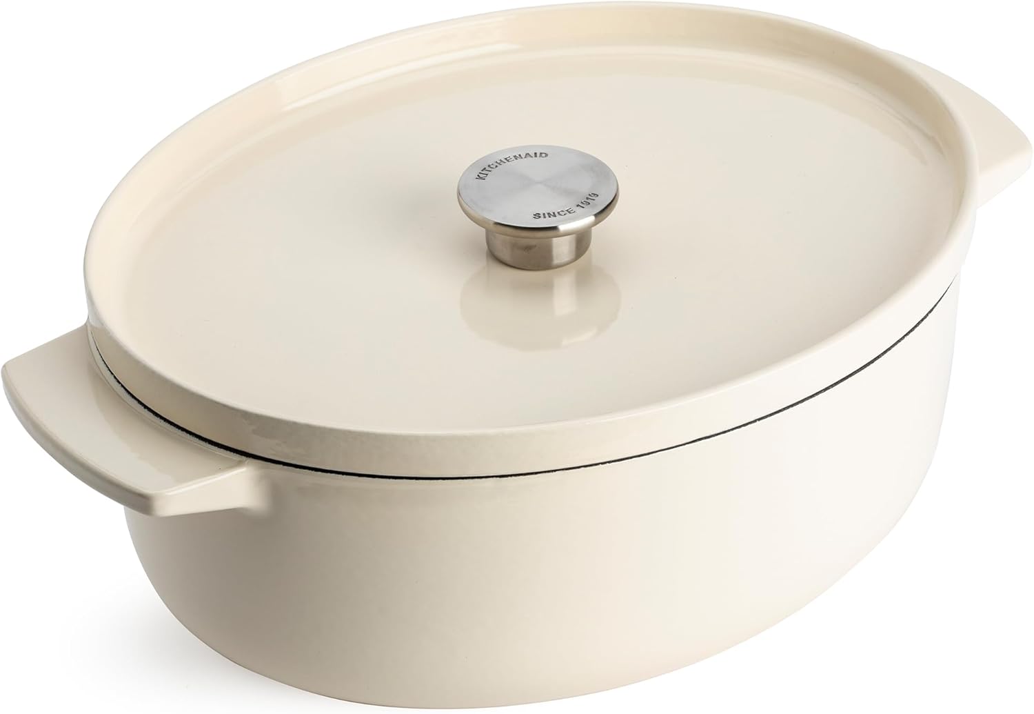 KitchenAid Cast Iron Casserole Dish, Non-Stick 30cm, 5.6L Cooking Pot with Lid, Almond Cream