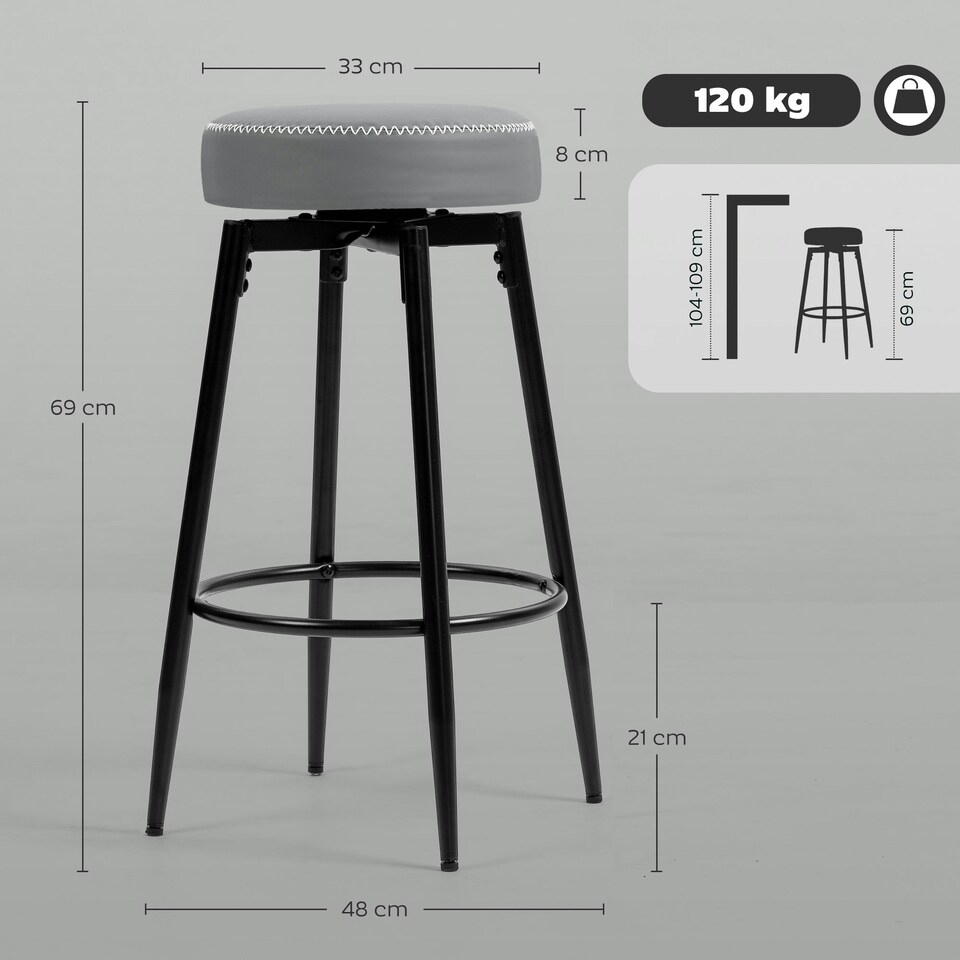 image 1 of HOMCOM Swivel Bar Stools Set of 2, PU Leather Barstools with Footrest Grey