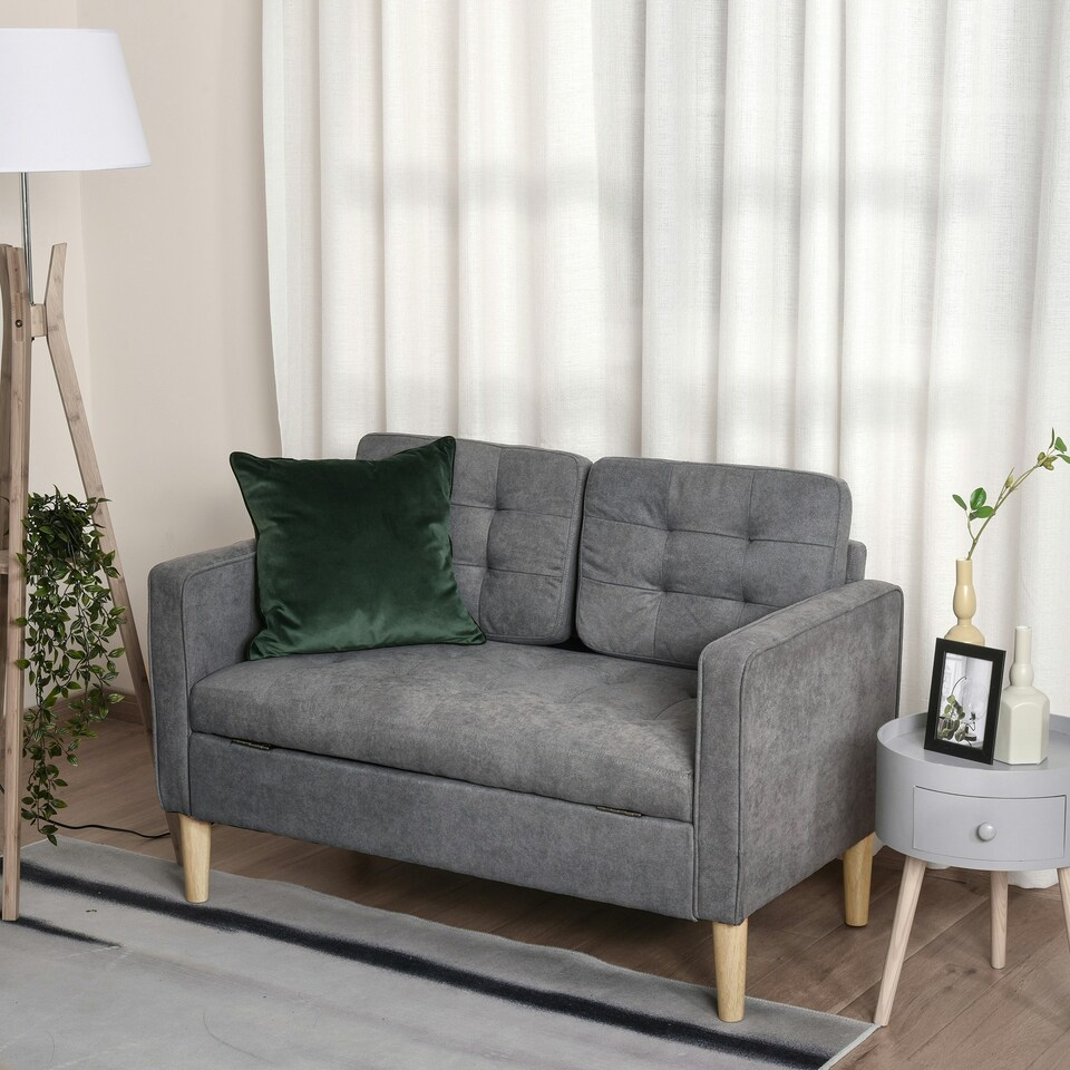 image 1 of HOMCOM Compact 2 Seater Sofa with Hidden Storage and Rubberwood Legs Grey