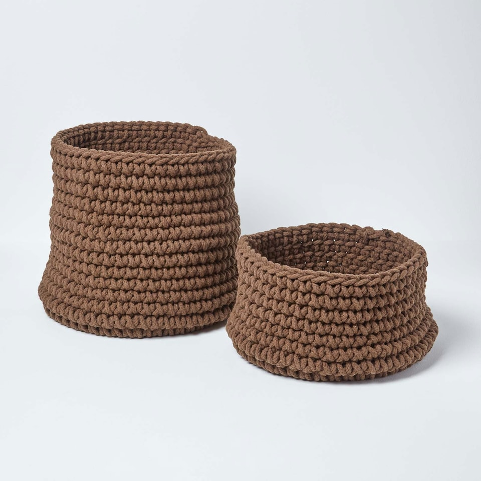 image 1 of Homescapes Chocolate Cotton Knitted Round Storage Basket - 37 x 21cm Brown | M