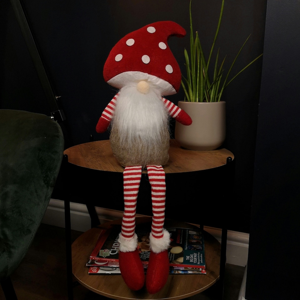 image 1 of 53cm Stripey Red Plush Sitting Christmas Boy Gonk with Dangly Legs and Mushroom Hat