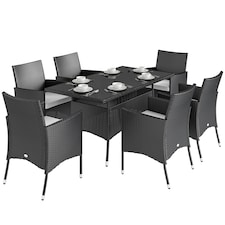 Outsunny Rattan Dining Set for 6 with Cushions, Glass Top Table, Black | Black | Black, Cream White | Table: 150x80x74cm, Chair: 61x60x85cm