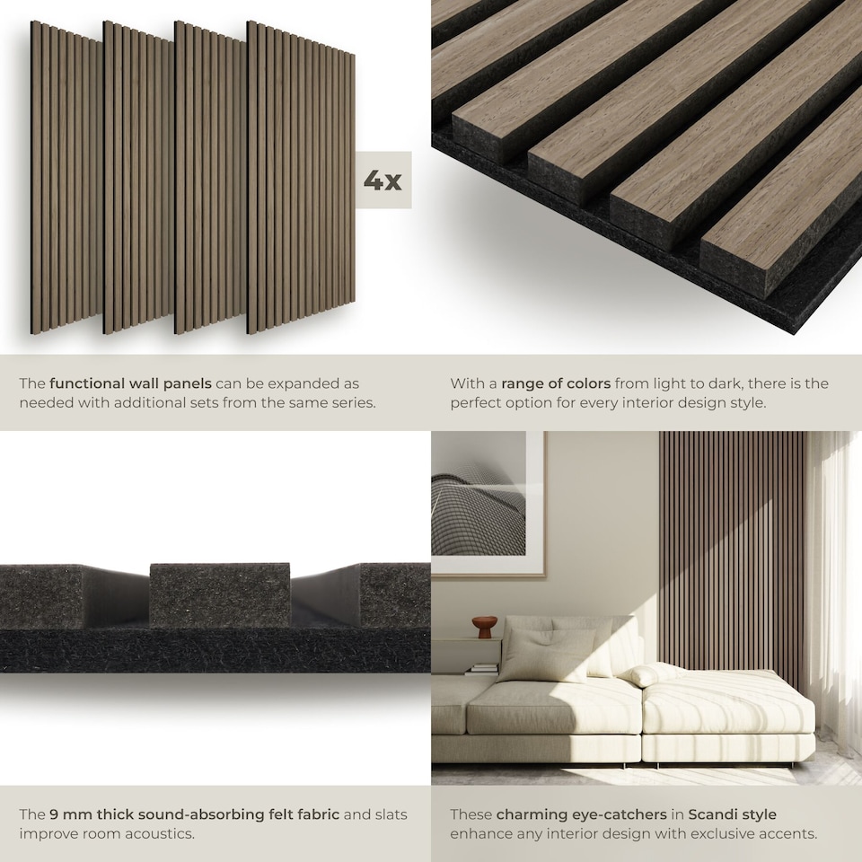 image 1 of Acoustic Wall Panels with Wood Veneer Slats, Thick Felt and Easy to Install | Brown | Dark oak | 120 x 60 x 120 cm | 4