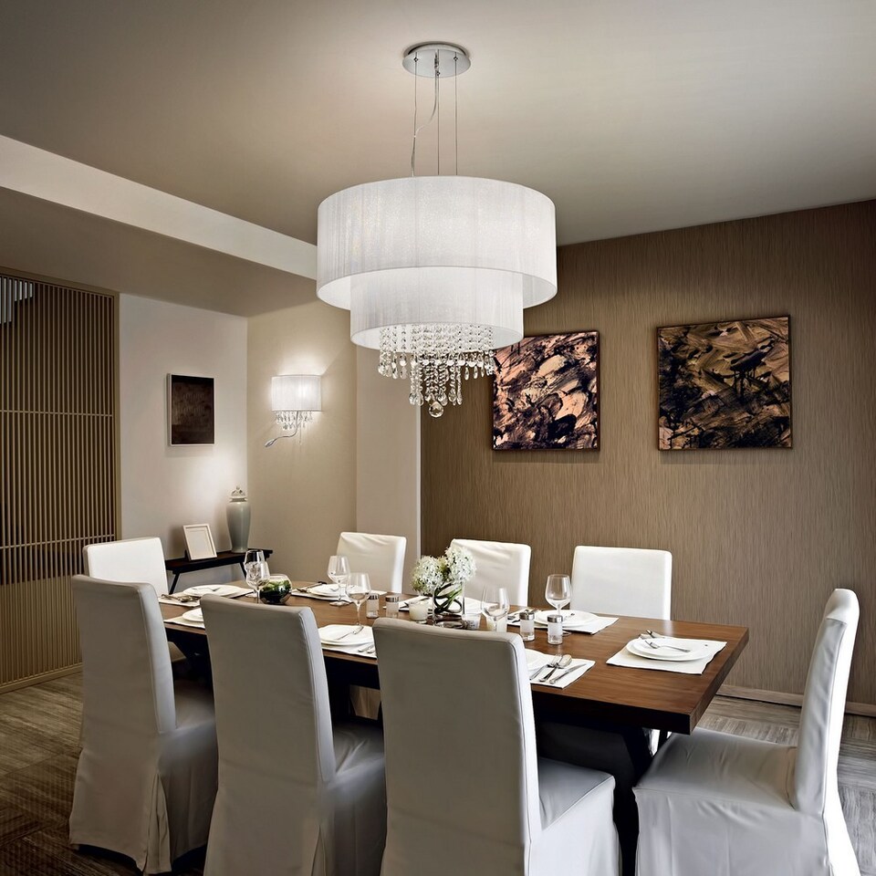 image 1 of Opera 6 Light Ceiling Pendant Chrome, Crystals with And White Shade, E27