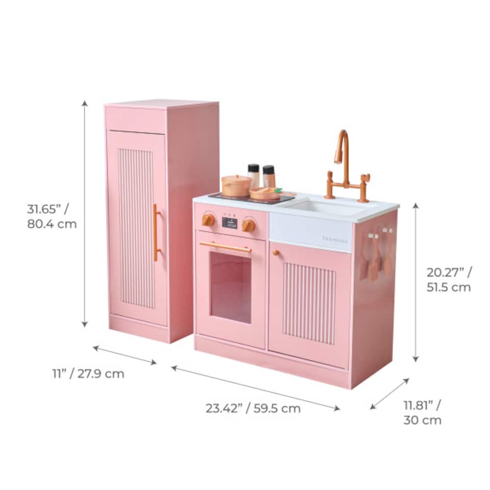 image 1 of Teamson Kids Little Chef Chester Play Kitchen in Peach with Fridge, Stove, 12 Accessories, Shelves & Hooks