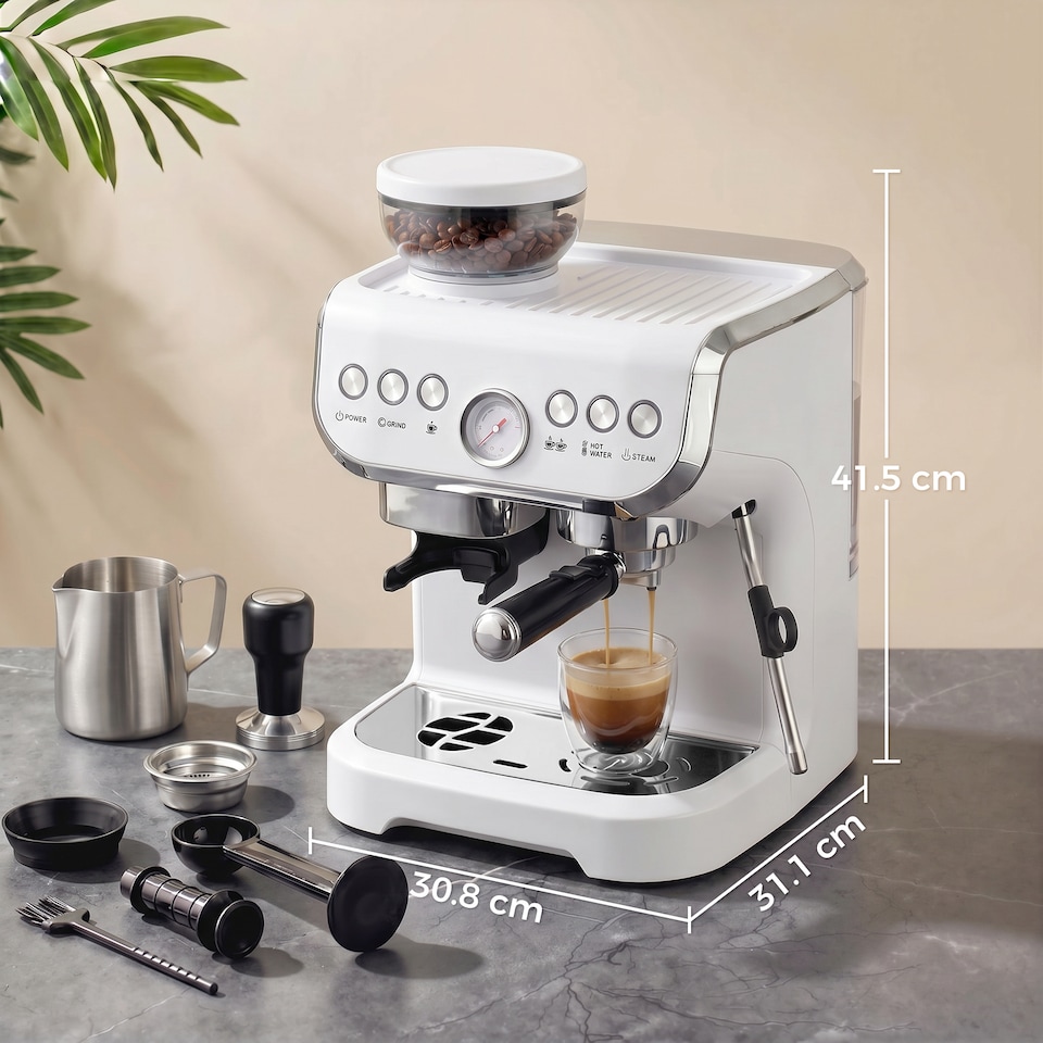 image 1 of HOMCOM Espresso Machine, Bean Grinder & Steam Wand, 15 Bar Pressure