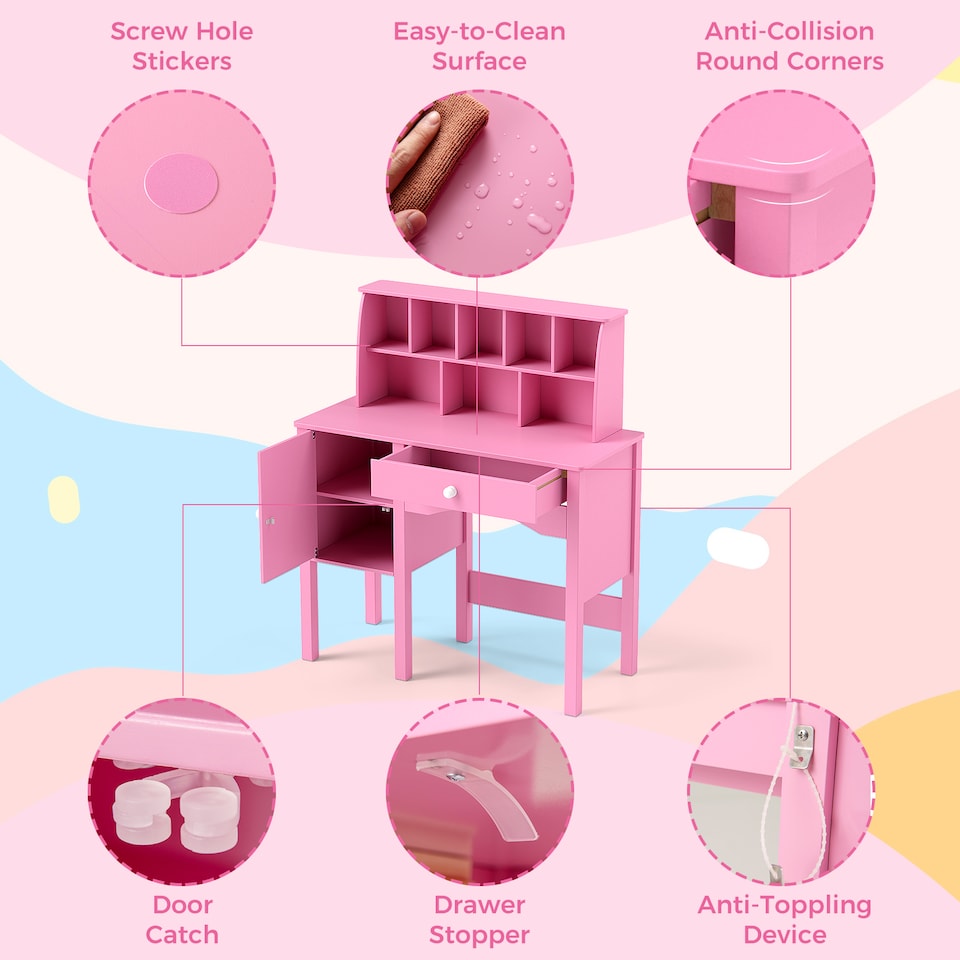 image 1 of COSTWAY Kids Study Desk and Chair Set Children Wooden Craft Table & Chair-Pink