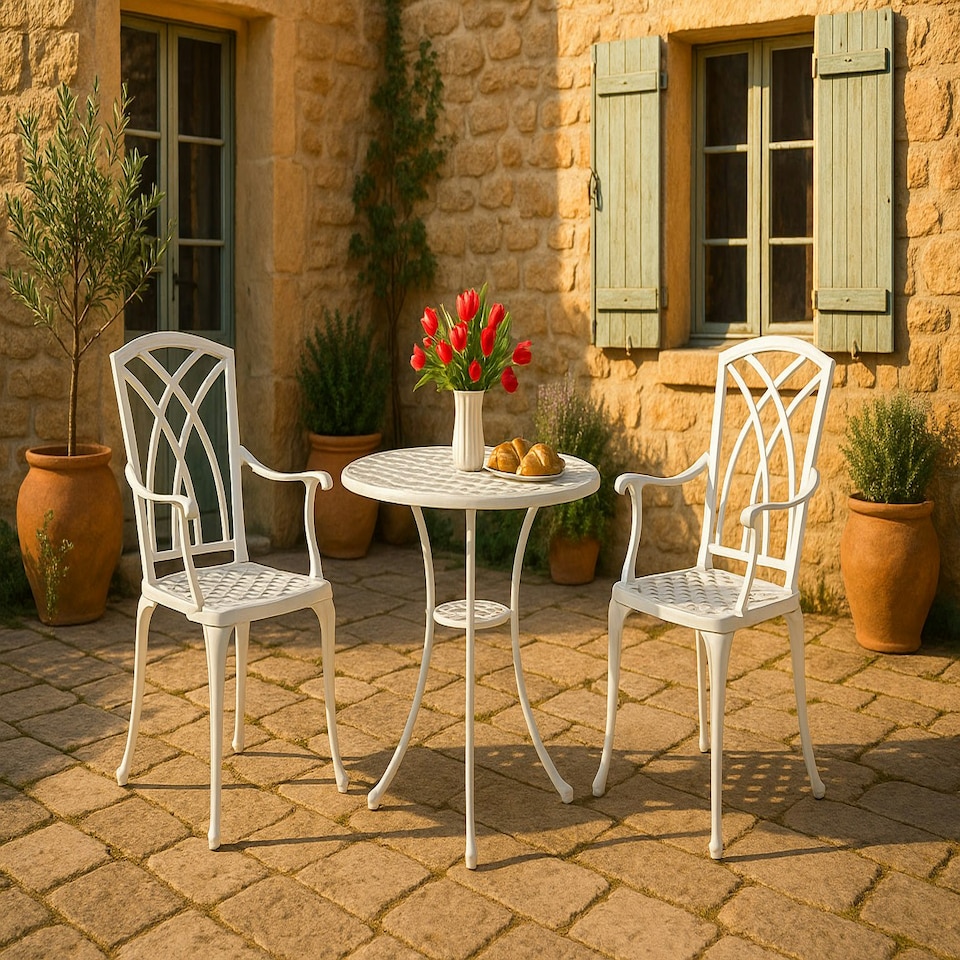 image 1 of Centurion Supports OSHOWA Luxurious Garden and Patio Table and 2 Large Chairs with Armrests Cast Aluminium Bistro Set - White