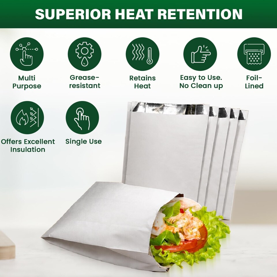 image 1 of ECONX Foil Lined Paper Bags 7 X 9 X 12 Inch Greaseproof Takeaway Bags Leak Resistant Inner Lining 500PK