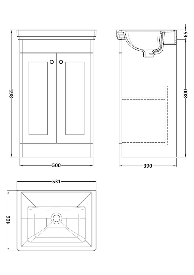image 1 of Balterley Swynnerton Traditional 2 Door Floor Standing Vanity Unit with Basin, Satin White, 500mm