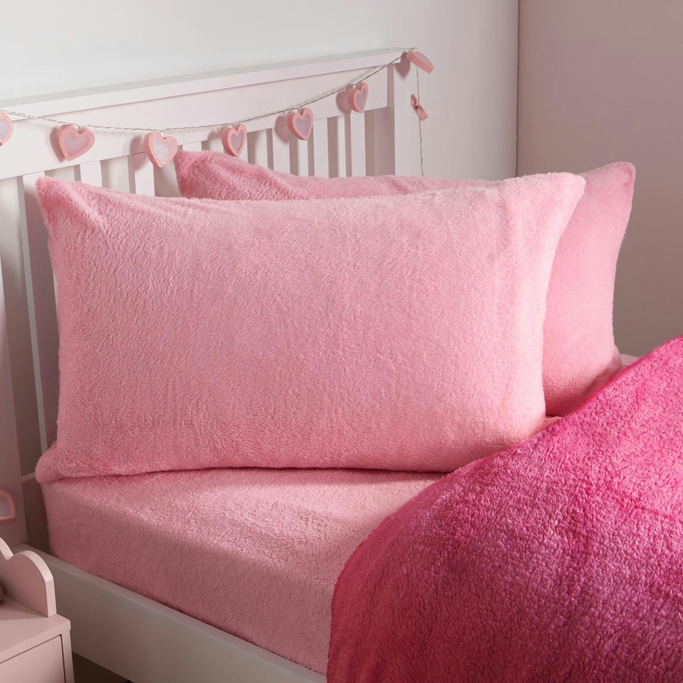 image 1 of OHS Luxury Teddy Fleece Reversible Duvet Cover and Pillowcase Bedding Set | Multi | Pink/Hot Pink | Single