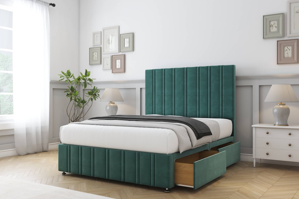 image 1 of Sloomy Langston Emerald Plush Divan Bed With Mattress No Drawers With 54" Floor Standing Headboard & 12" Matching Footboard 4'6 Double | Green | Emerald | Double | 1