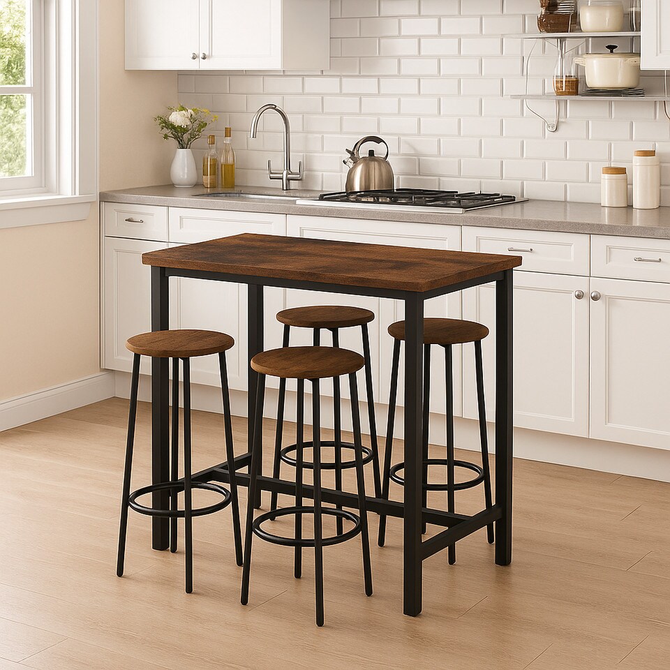 image 1 of CANCUN Bar Table & Stools Set Kitchen Dining Breakfast Industrial Furniture | Multi | 5 Piece Rustic Brown