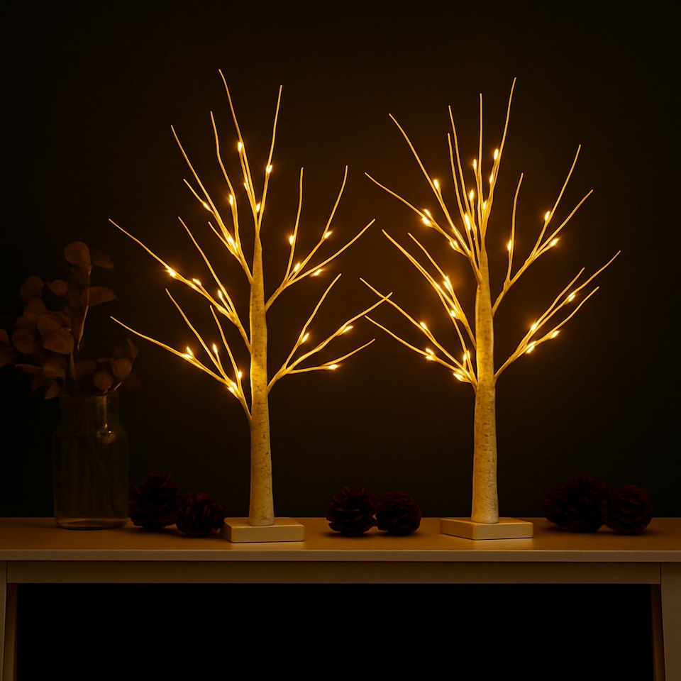 image 1 of Neo Set of 2 LED Pre Lit Twig Tree Lights 60cm Birch Tree Lamp Warm White Lights Battery Operated Decorative Centrepiece Flexible Branches Christmas Wedding Bedroom Home Décor