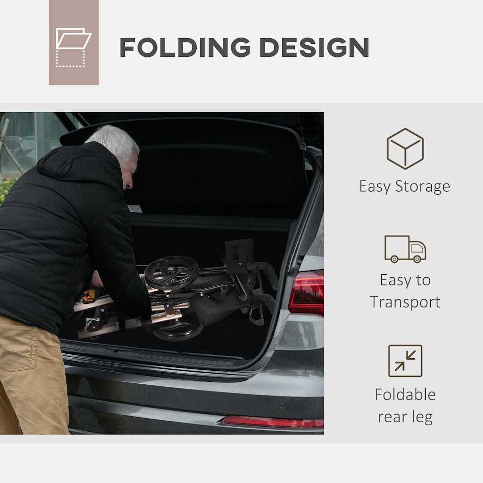 image 1 of HOMCOM 4 Wheel Rollator with Seat and Back, Folding Mobility Walker with Carry Bag, Adjustable Height, Dual Brakes, Cane Holder, Lightweight Aluminium Walking Frame for Seniors and Disabled, Gold Tone