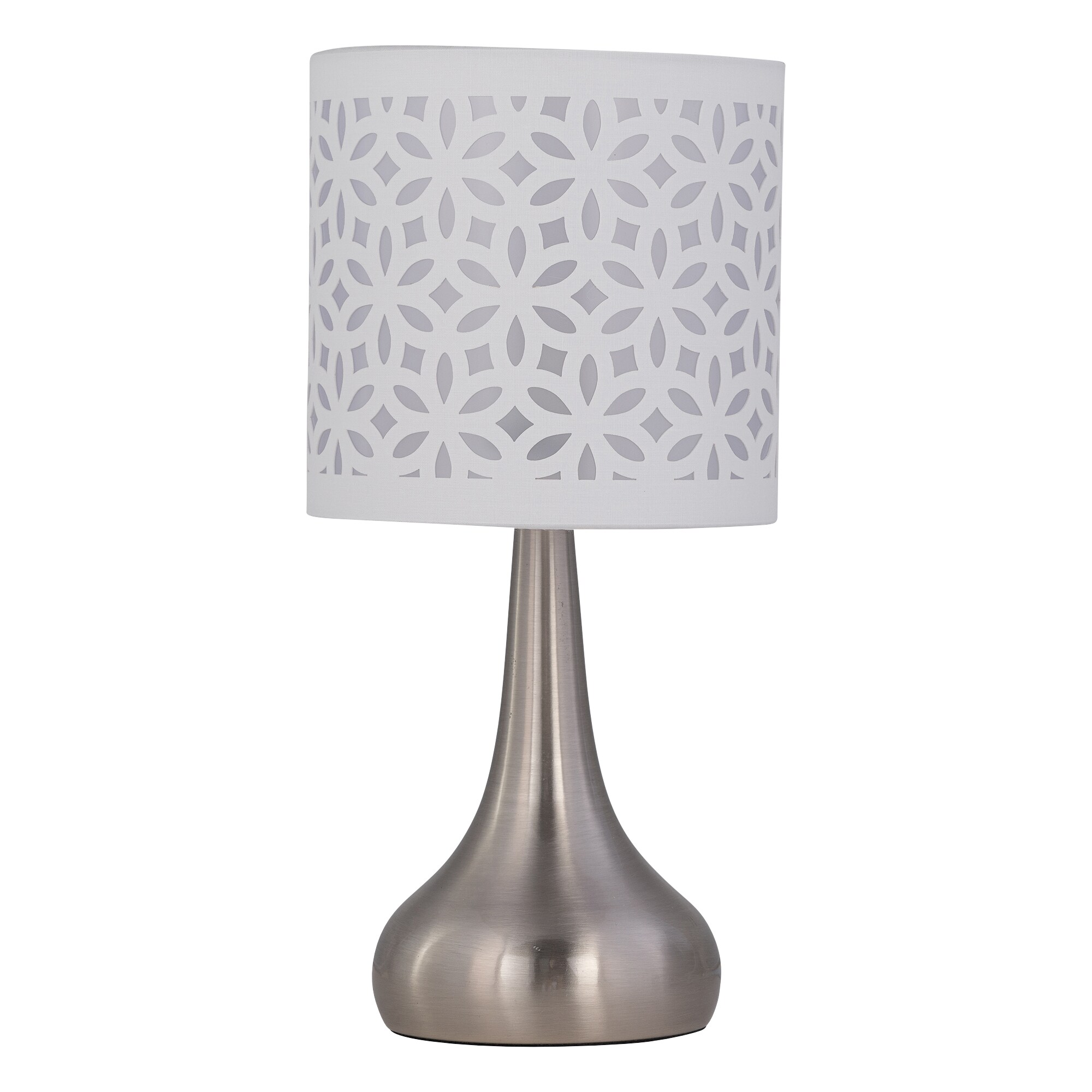 Romana - Brushed Chrome Touch Table Lamp with White Laser Cut Shade Chrome Satin nickel plate and white cut out cotton 1