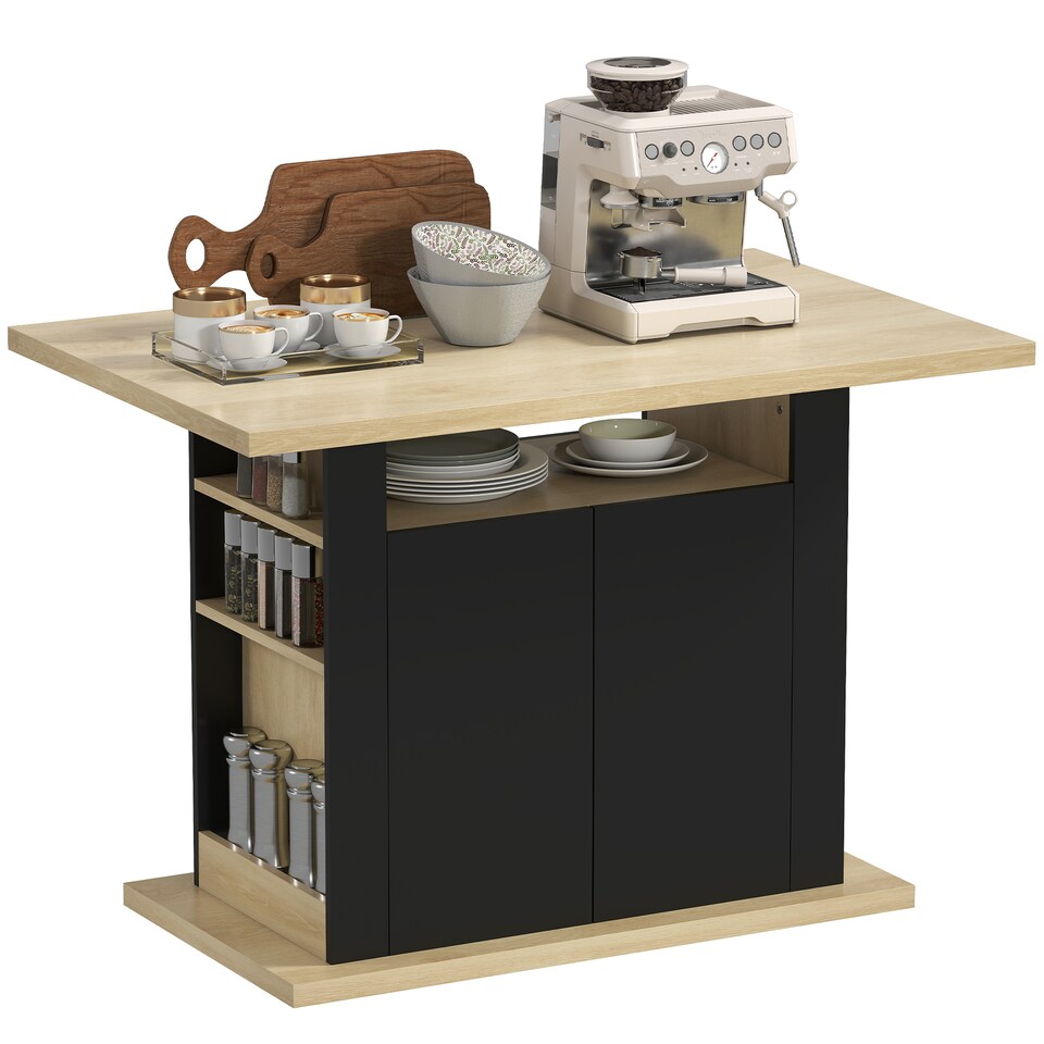 image 1 of HOMCOM Kitchen Island with Storage Cabinet and Spice Rack, Black & Natural