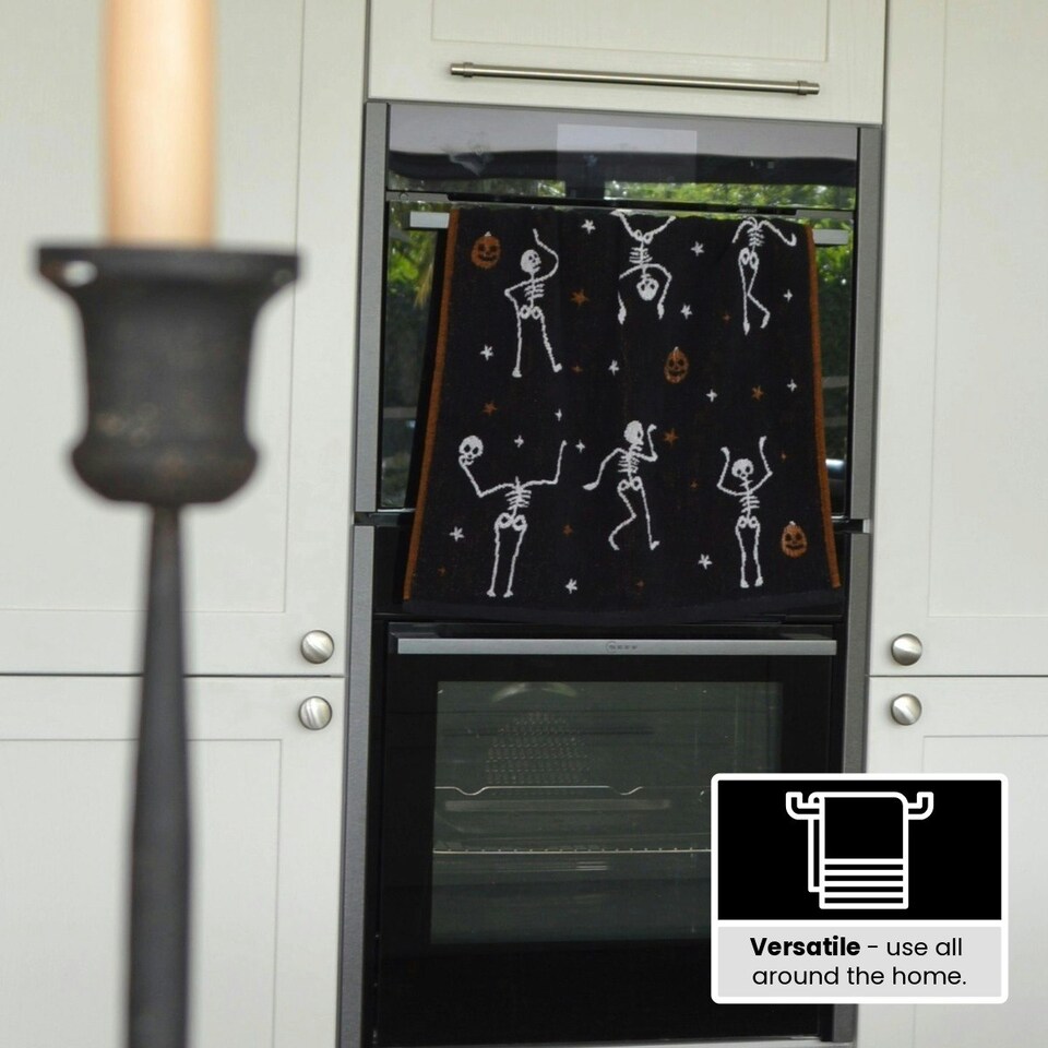 image 1 of Luxury Halloween Hand Towels Pack of 2 - 100% Cotton Spooky Tea Towels Black | Skeletons
