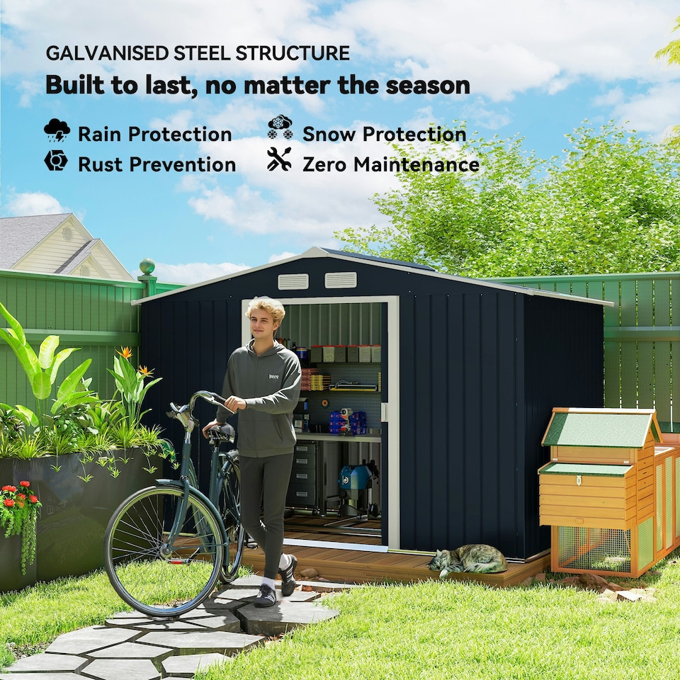 image 1 of Outsunny 9 x 6FT Galvanised Garden Storage Shed with Sliding Door, Dark Grey