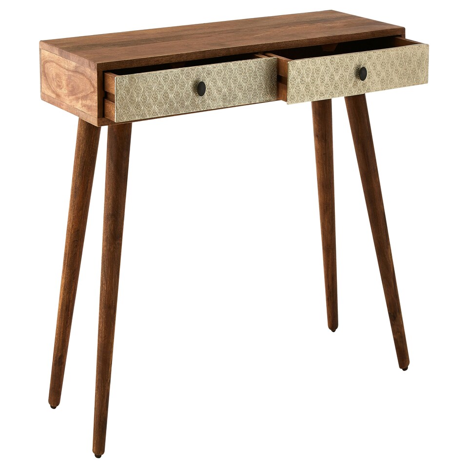 image 1 of Interiors by Premier Acacia Wood Console Table with Embossed Drawers, Travel-Inspired 2 Drawer Entryway Table Brown