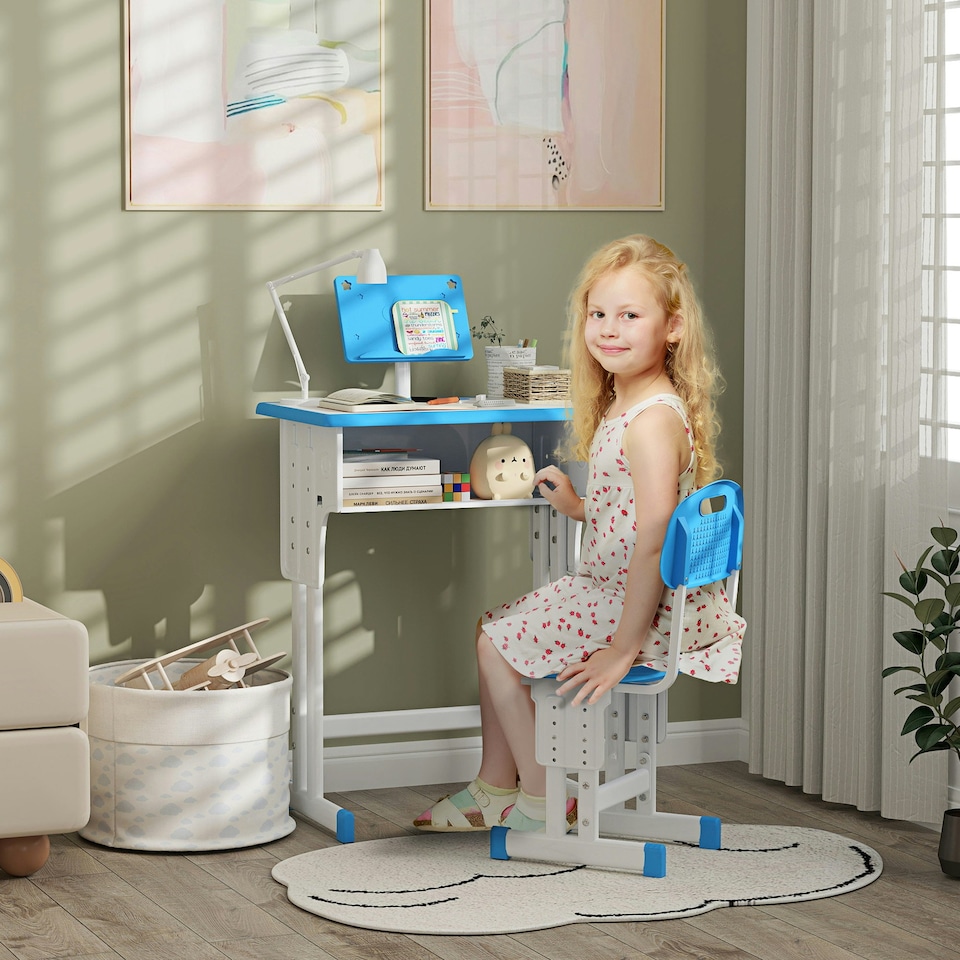 image 1 of HOMCOM Kids Desk and Chair Set Adjustable Height Study Table Set w/ Drawer | Blue