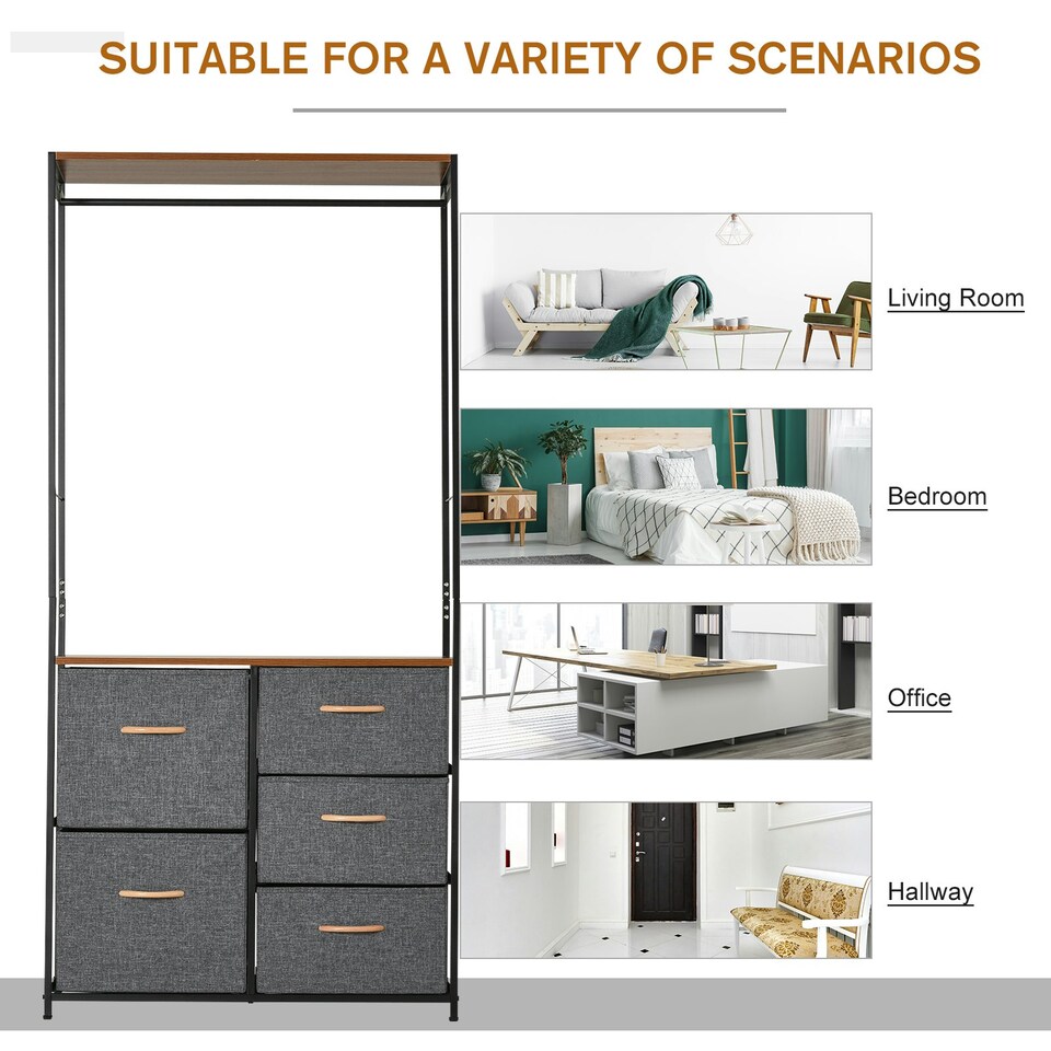 image 1 of HOMCOM Storage Coat Rack Hallway Bedroom Organiser Shelves w/ Hanger, 5 Drawer
