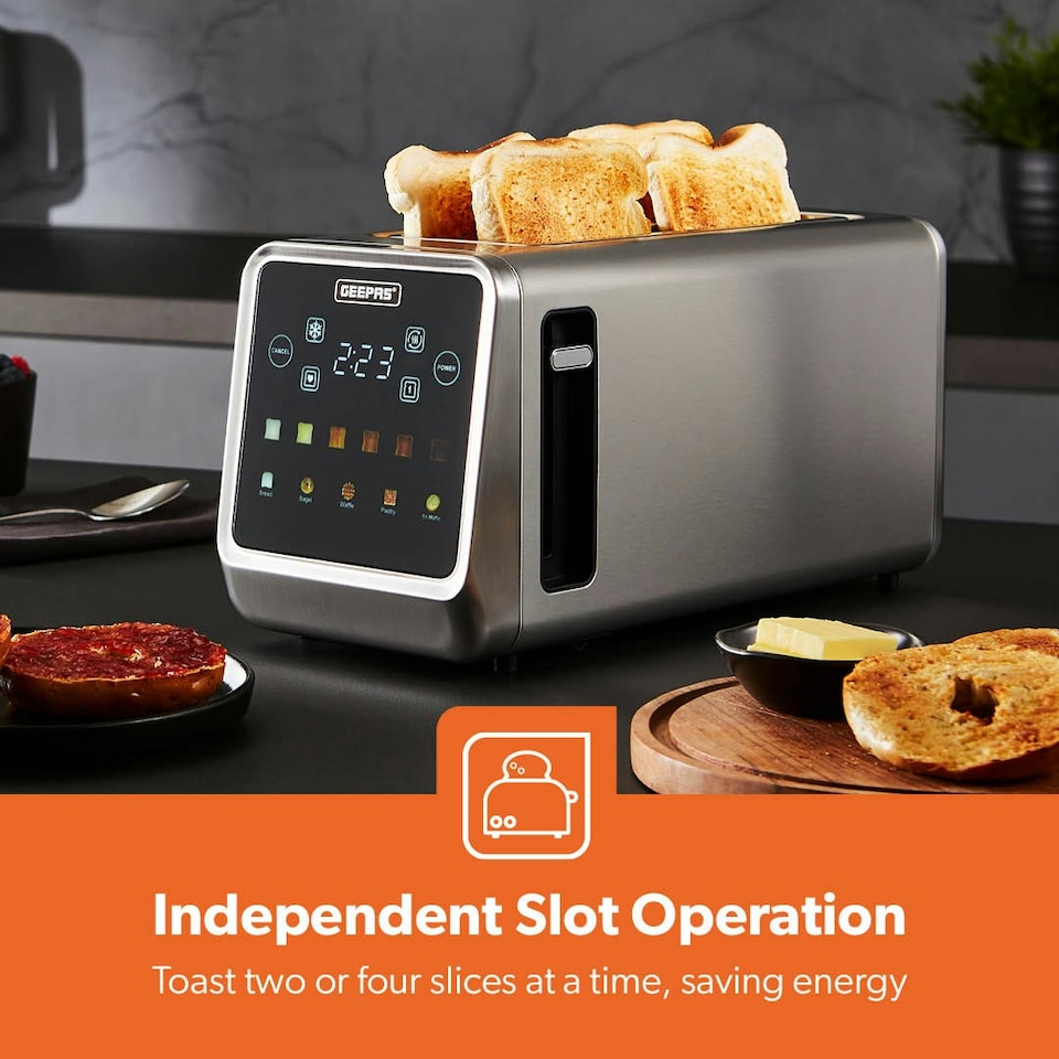 image 1 of GEEPAS 5-in-1 DIGITAL 4 Slice Long Slot Toaster | 1450W Silver | Silver