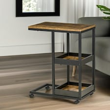 Industrial C Shaped Side Table 3-Tier With Wheels Brown