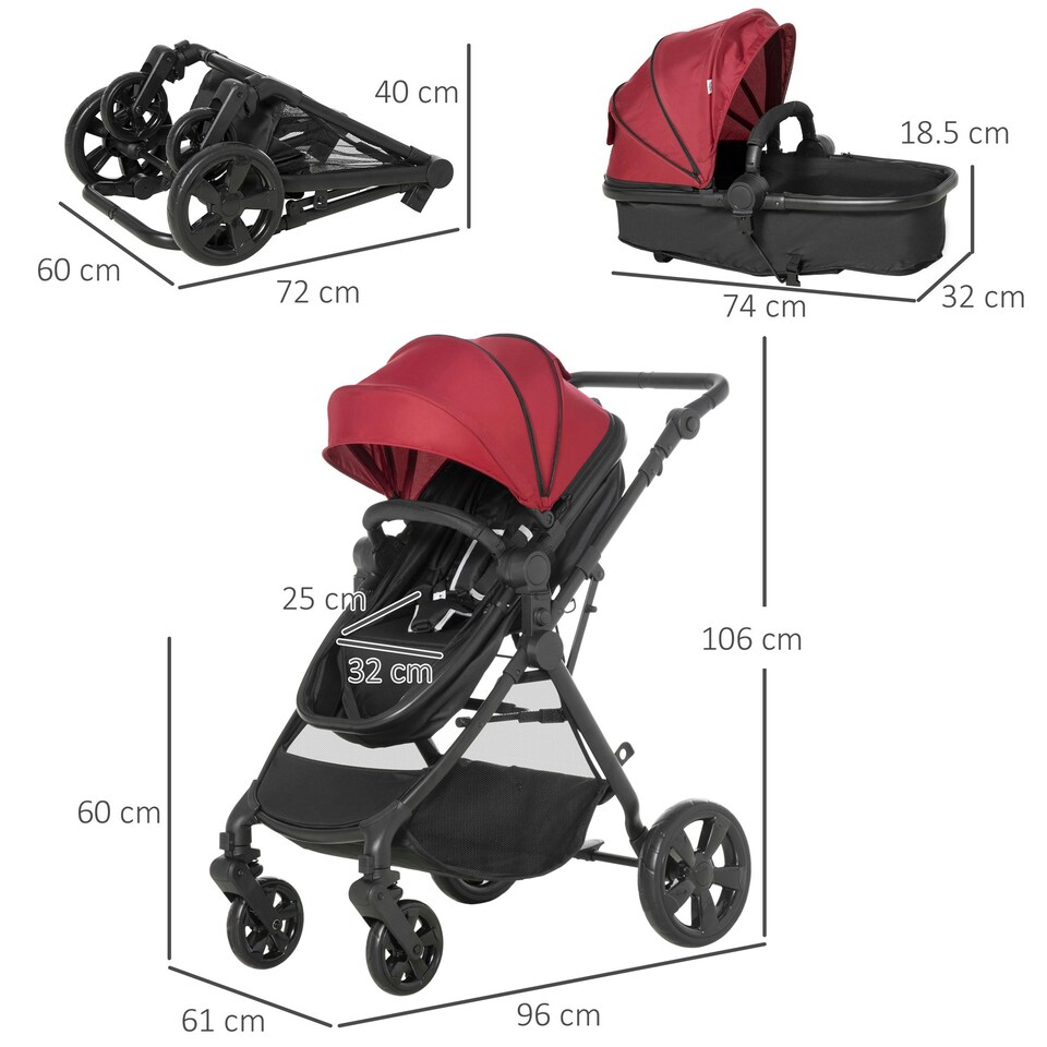 image 1 of HOMCOM 2 in 1 Pushchair Stroller w/ Reversible Seat Single Hand Foldable Red