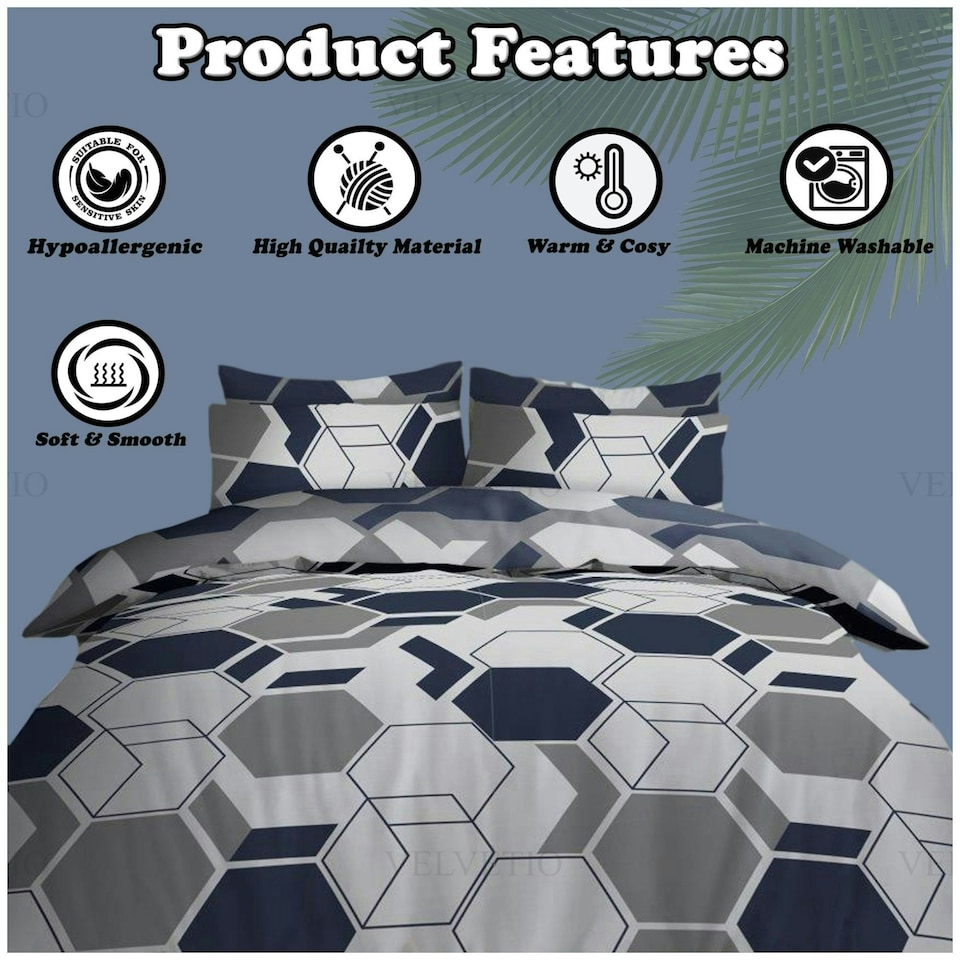 image 1 of VELVETIO Aster Geo Complete Duvet Cover Set with Fitted Sheet Breathable Bedding Quilt Blue | King