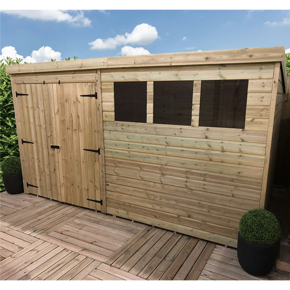 image 1 of 12 x 8 Garden Shed Pressure Treated T&G PENT Wooden Garden Shed - 3 Windows + Double Doors (12' x 8' / 12ft x 8ft) (12x8)