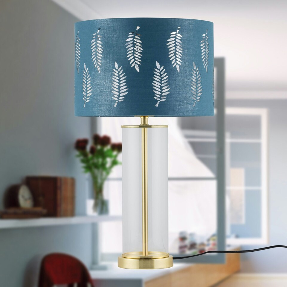 image 1 of Aura - Satin Brass Table Lamp with Teal Fern Cut Out Silver Shade